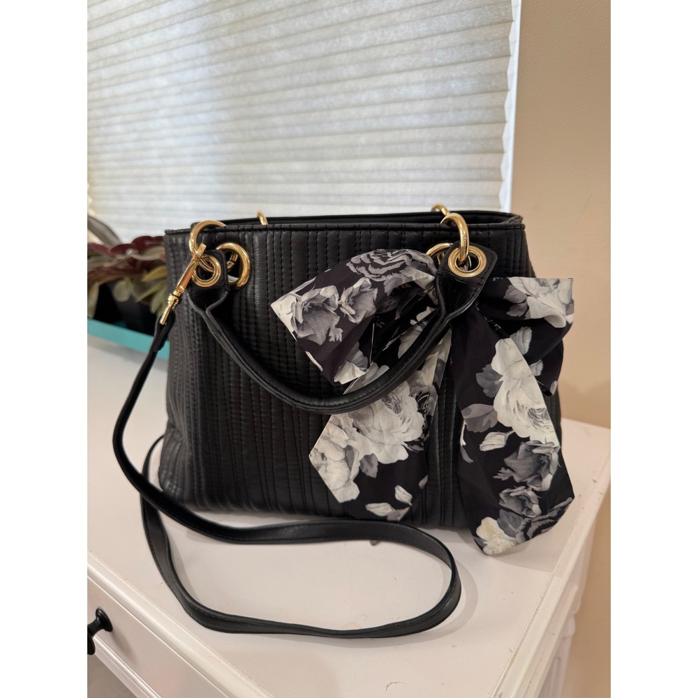 Betsey Johnson Black Quilted Satchel Handbag Scarf Floral Lining Crossbody